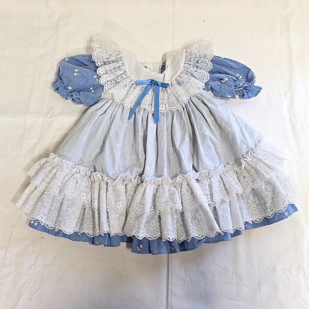 Mini World Tiered Ruffle Dress Girls 2T Blue White Lace Bow Pinafore Full Circle